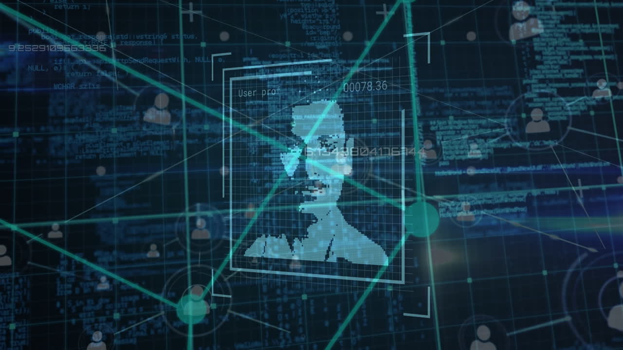 animación del procesamiento de datos con retratos de personas diversas a través de una red de conexiones