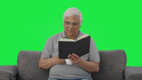indian old man drinking tea and reading book green screen