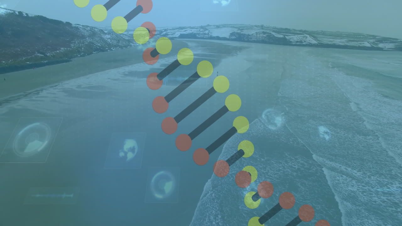 Semi-transparent node chain animating across coastline showing globe icons and network symbols
