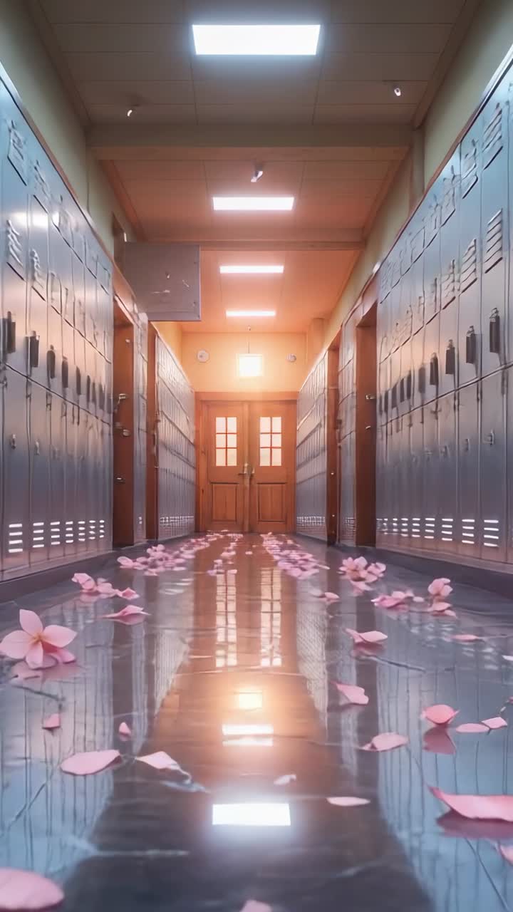 Vertical video: Drifting pink flower petals through school corridor toward wooden doors with breeze
