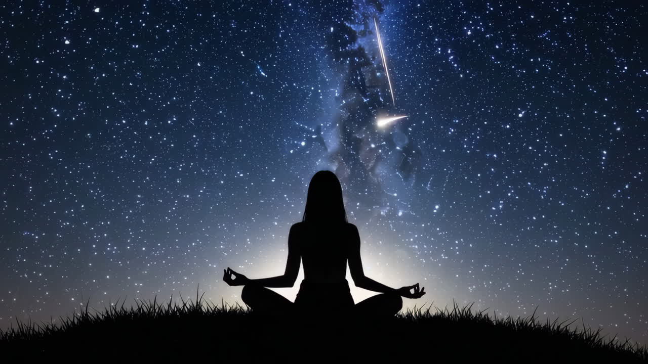 Woman Meditating Under a Starry Night Sky | Premium Stock Video Footage