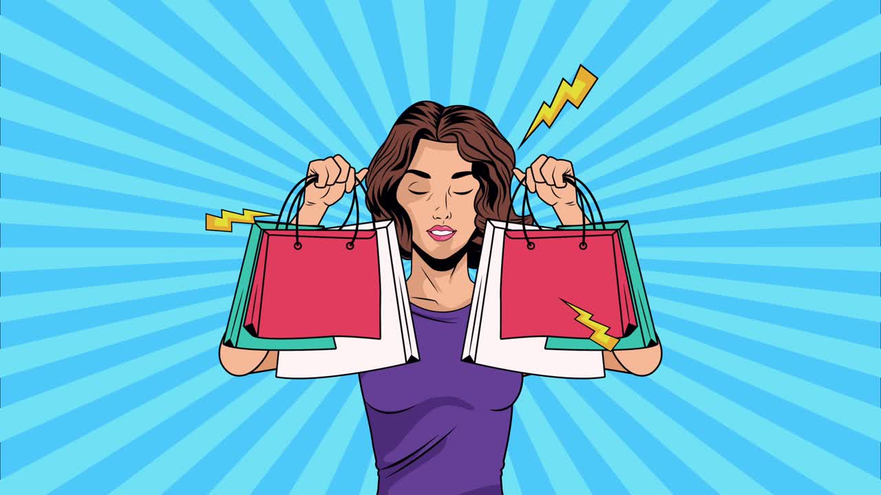 쇼핑 가방을 들고 있는 여성 팝 아트 스타일