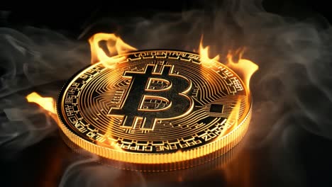 bitcoin coin engulfed in flames and smoke