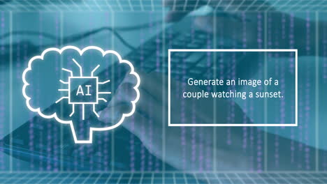 animación de texto de inteligencia artificial y procesamiento de datos sobre mujer biracial usando computadora