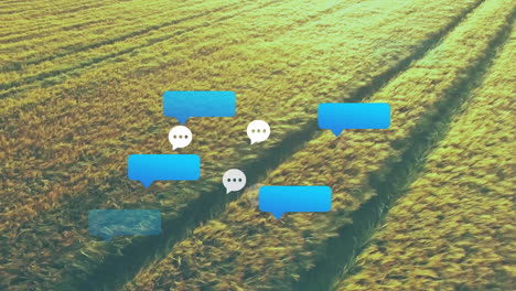 digital speech bubbles floating above golden wheat field, showing messaging concept in flat style
