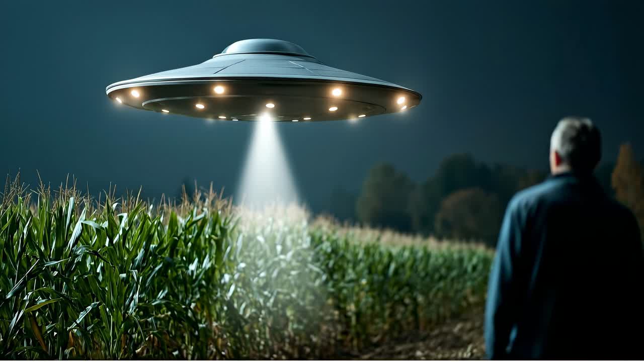 Flygende tallerken UFO svever over maisåker om natten. Metallisk uidentifisert flygende objekt med lys som stråler ned på en grønn maisåker med en mann som ser på.