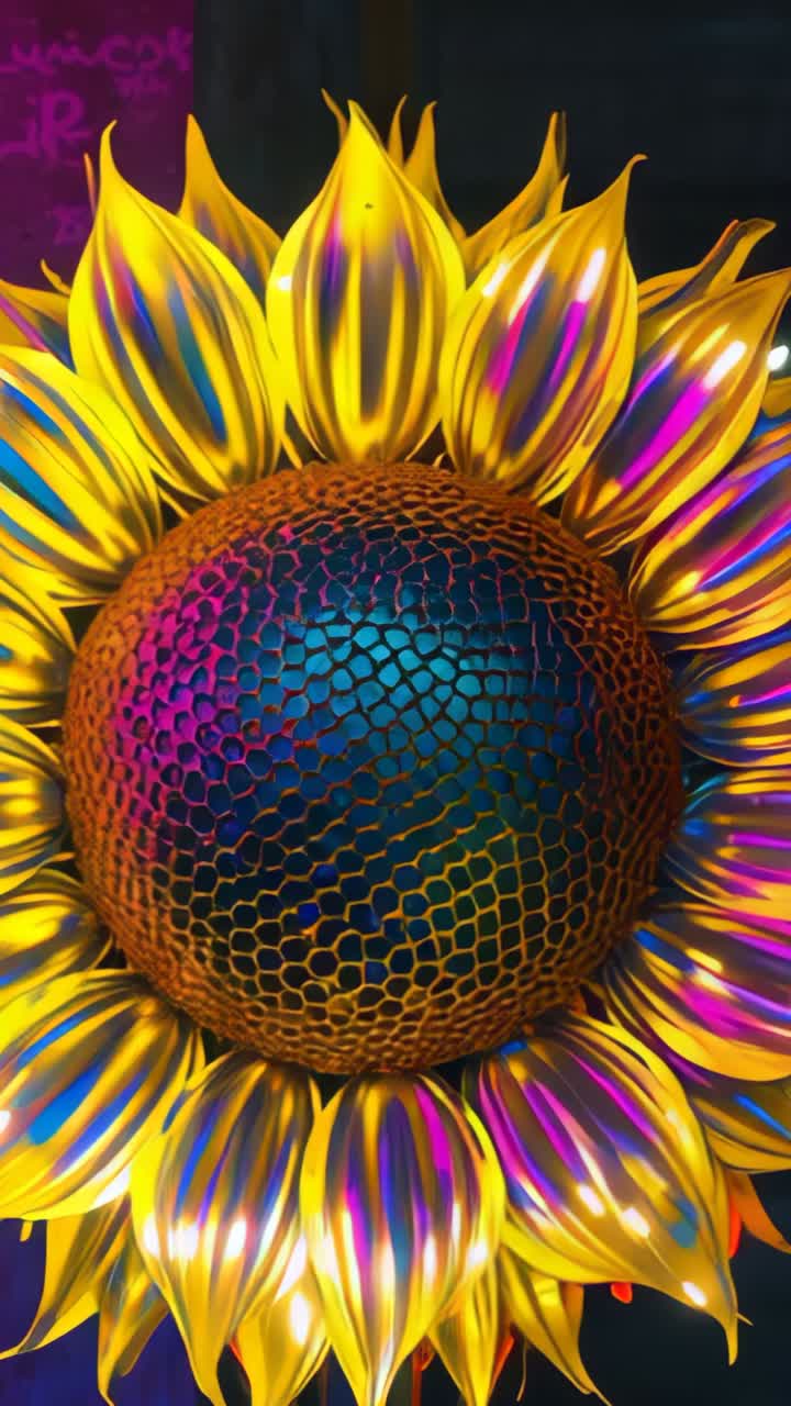 Vertical video: LED lights casting shifting glow on metal sunflower sculpture in bar with neon sign