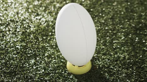 White-rugby-ball-on-kicking-tee-on-sunlit-grass-with-copy-space,-slow-motion