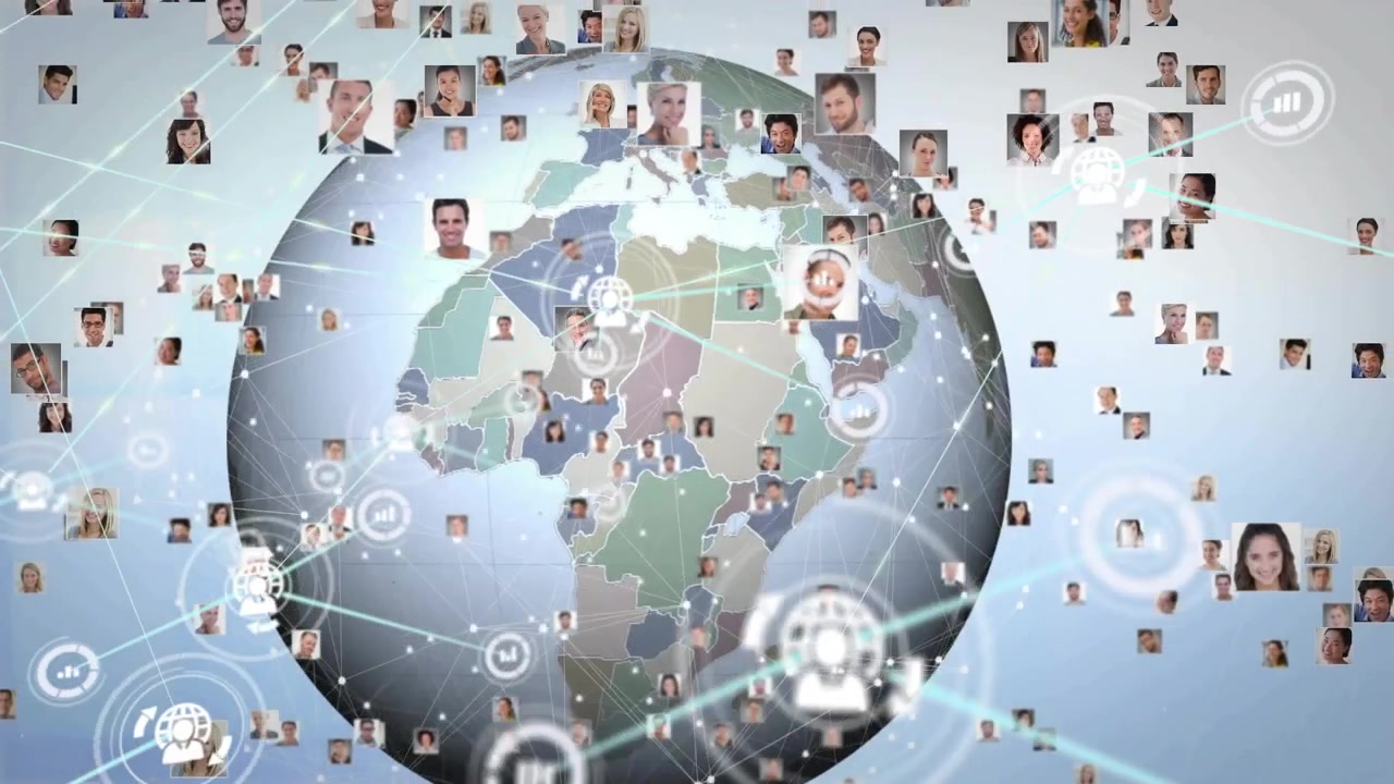 Globo centrándose, nodos pulsando, e iconos y avatares emergiendo y conectándose para mostrar el flujo de datos.