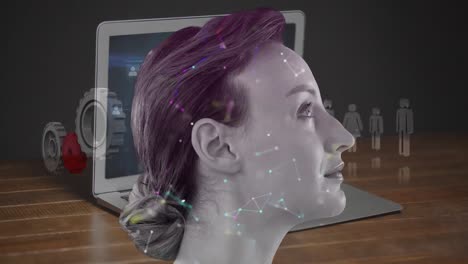 animación de la red de conexiones y la mujer caucásica a través de la computadora portátil con iconos y procesamiento de datos.
