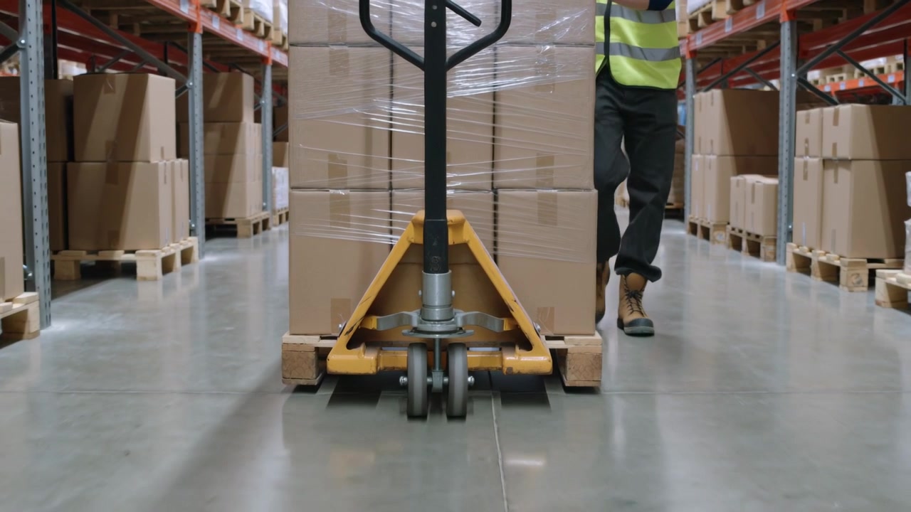Operaio che entra, guidando un pallet avvolto su un transpallet lungo il corridoio di un magazzino, indossando un giubbotto ad alta visibilità e stivali.