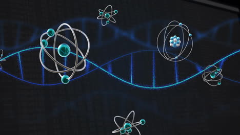 animación de moléculas sobre una cadena de adn sobre un fondo negro