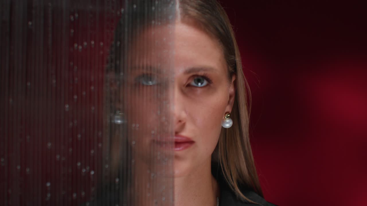 물 줄무 아크릴 패널 뒤 에 있는 여자