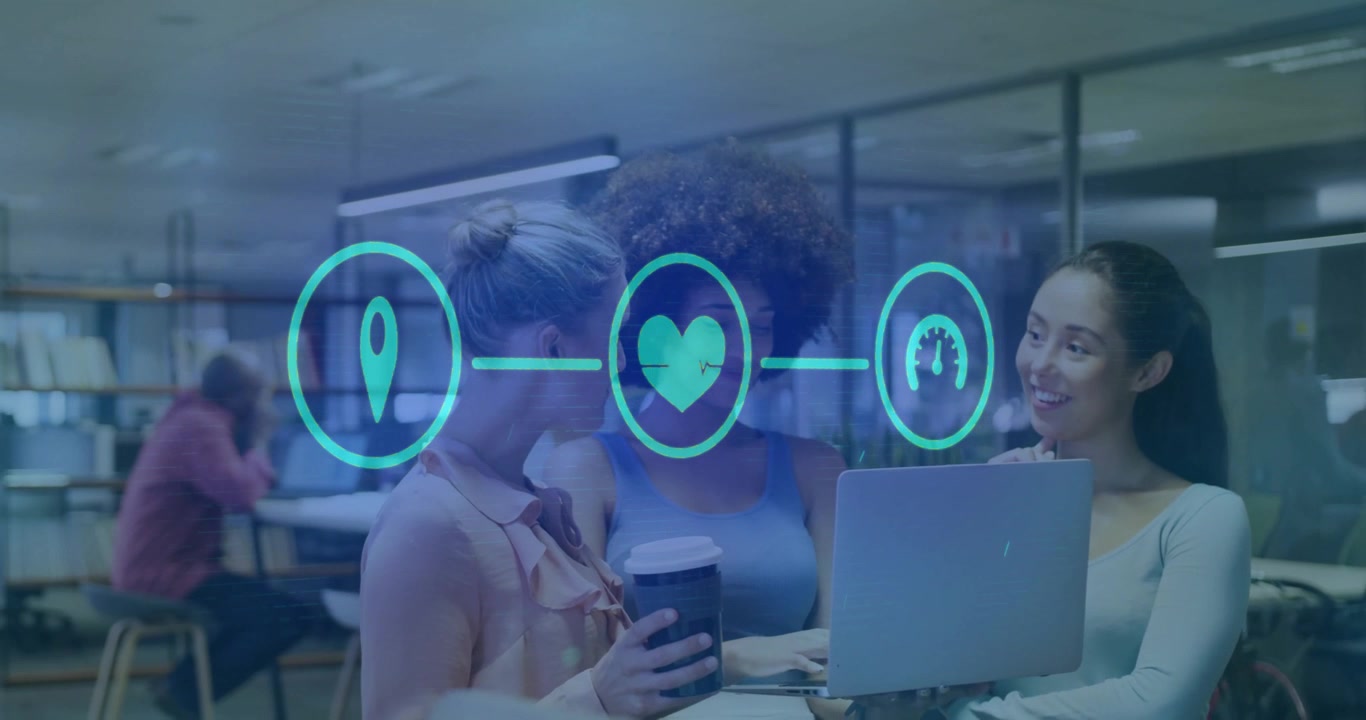 three women leaning over laptop initiating animation linking glowing pin heart speedometer in tech