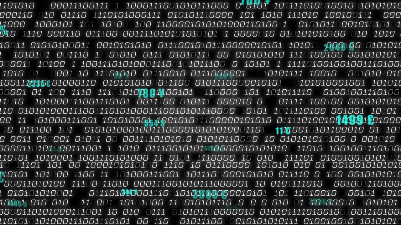 Floating currency values replacing 2173 € display while binary digits streaming visualizing trends