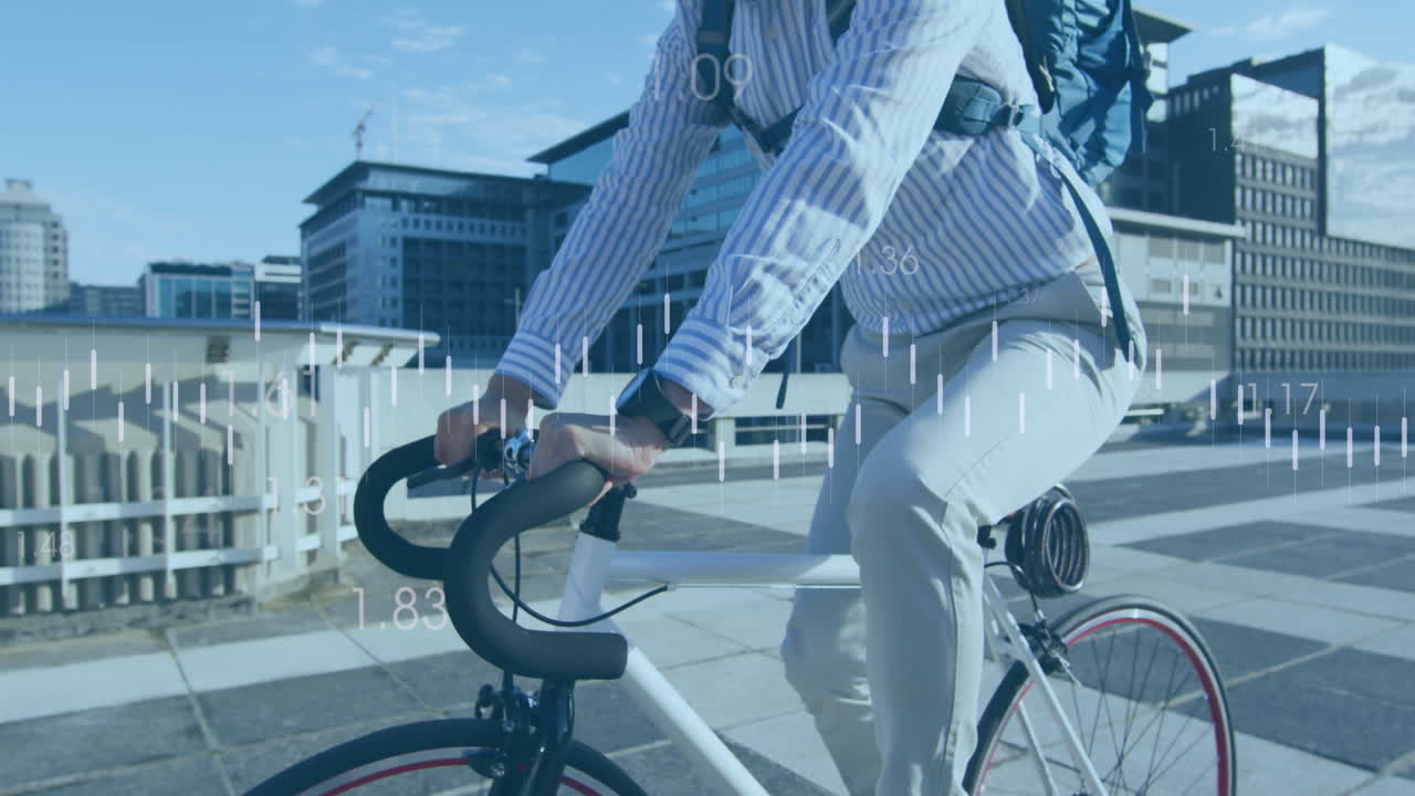 Animation of financial data processing over biracial businessman on bike