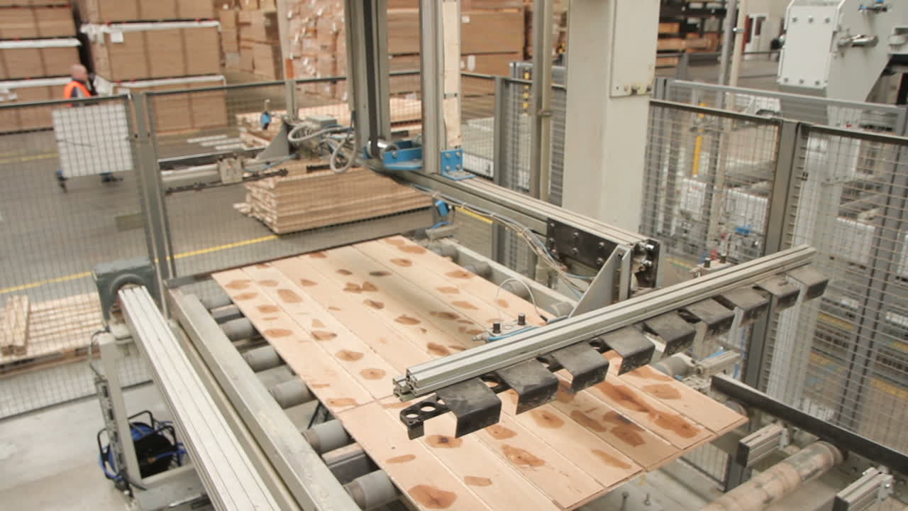 Floorboard Production In The Factory. Floorboard production in the industrial factory. Modern technologies.