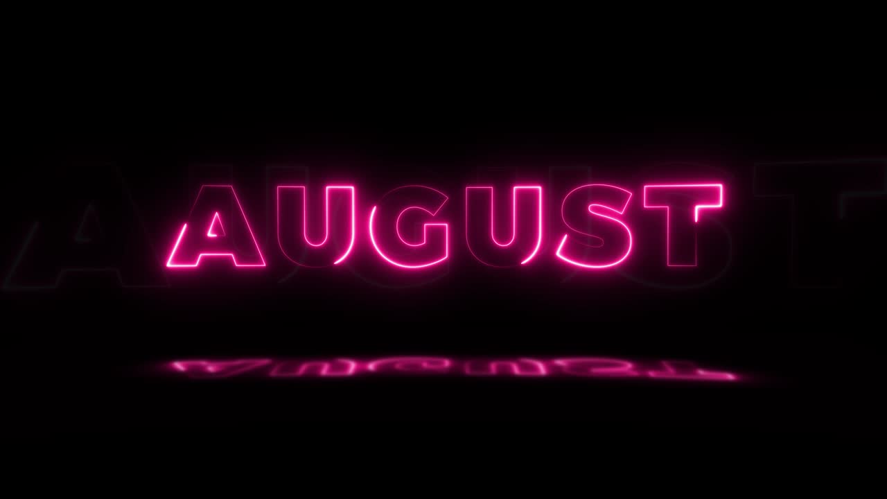 흑색 배경에 반사된 '아우구스트'라는 네온 단어가 바닥에 반사되어 빛나고 있습니다. 시엄리스 루프 모션 그래픽으로 네온 반사 표지판이 빛납니다.