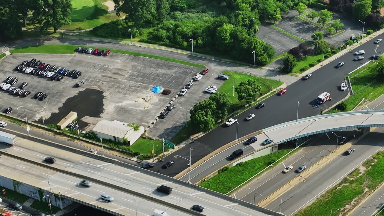Aerial view of busy highway intersection in New York during afternoon