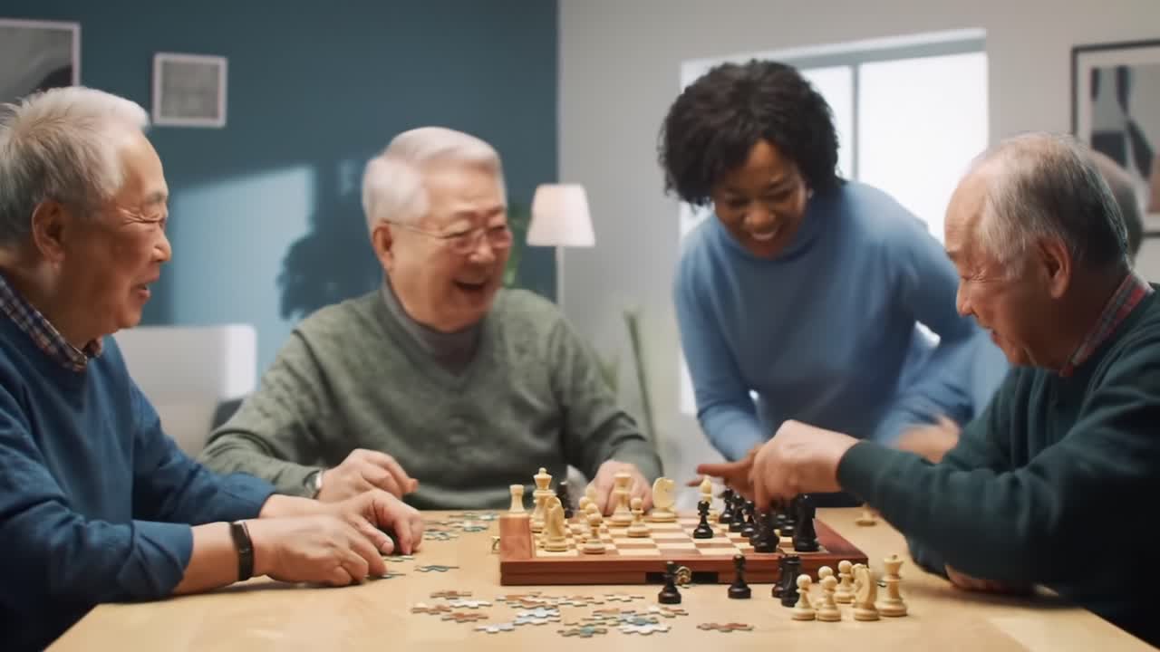 Engaging Chess Match Among Friends: A Joyful Gathering of Four Seniors and Their Enthusiastic Companion in a Cozy, Light-filled Space, Filled with Laughter and Strategy