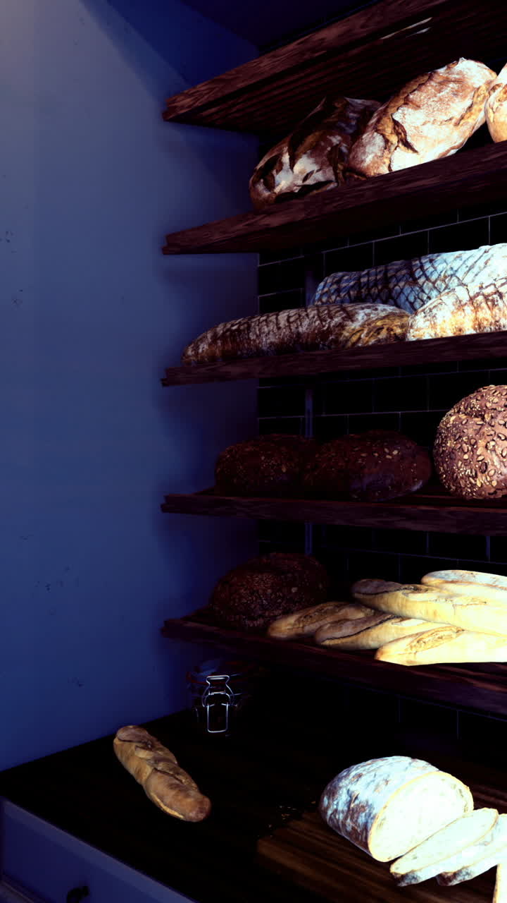 Fresh bread on shelves in a bakery during the afternoon hours