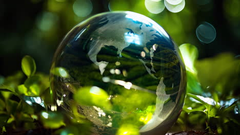A glass globe with a green background. The globe is surrounded by green plants and grass. Concept of harmony between nature and technology