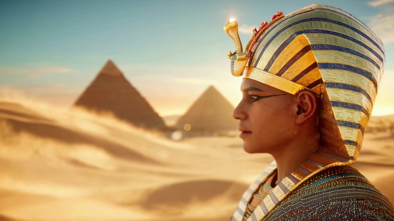 Muinainen egyptiläinen faarao pyramidien kera autiomaassa auringonlaskussa