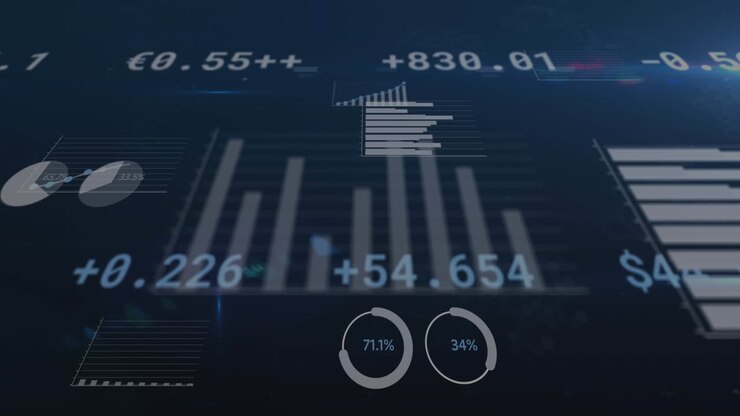 Animation of statistics and financial data processing on blue background