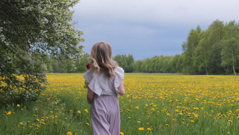 blonde little girl holds rose walking over blooming summer meadow