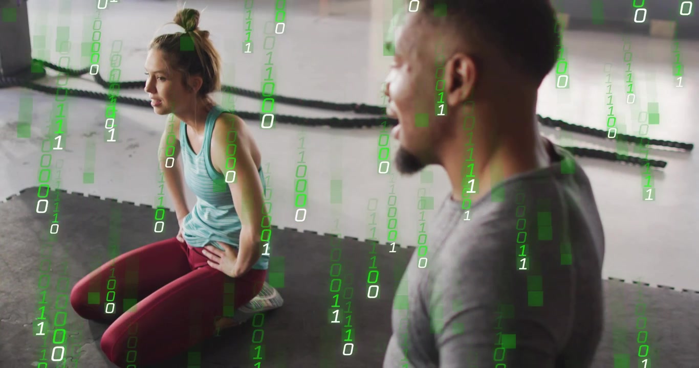 Coach cue sparking woman resting while group lunging green binary overlay tracking fitness data