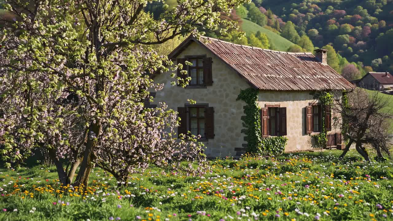 Rustic Cottage in a Spring Meadow