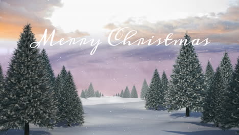 animación de felicitaciones de navidad texto y nieve cayendo sobre el paisaje de invierno