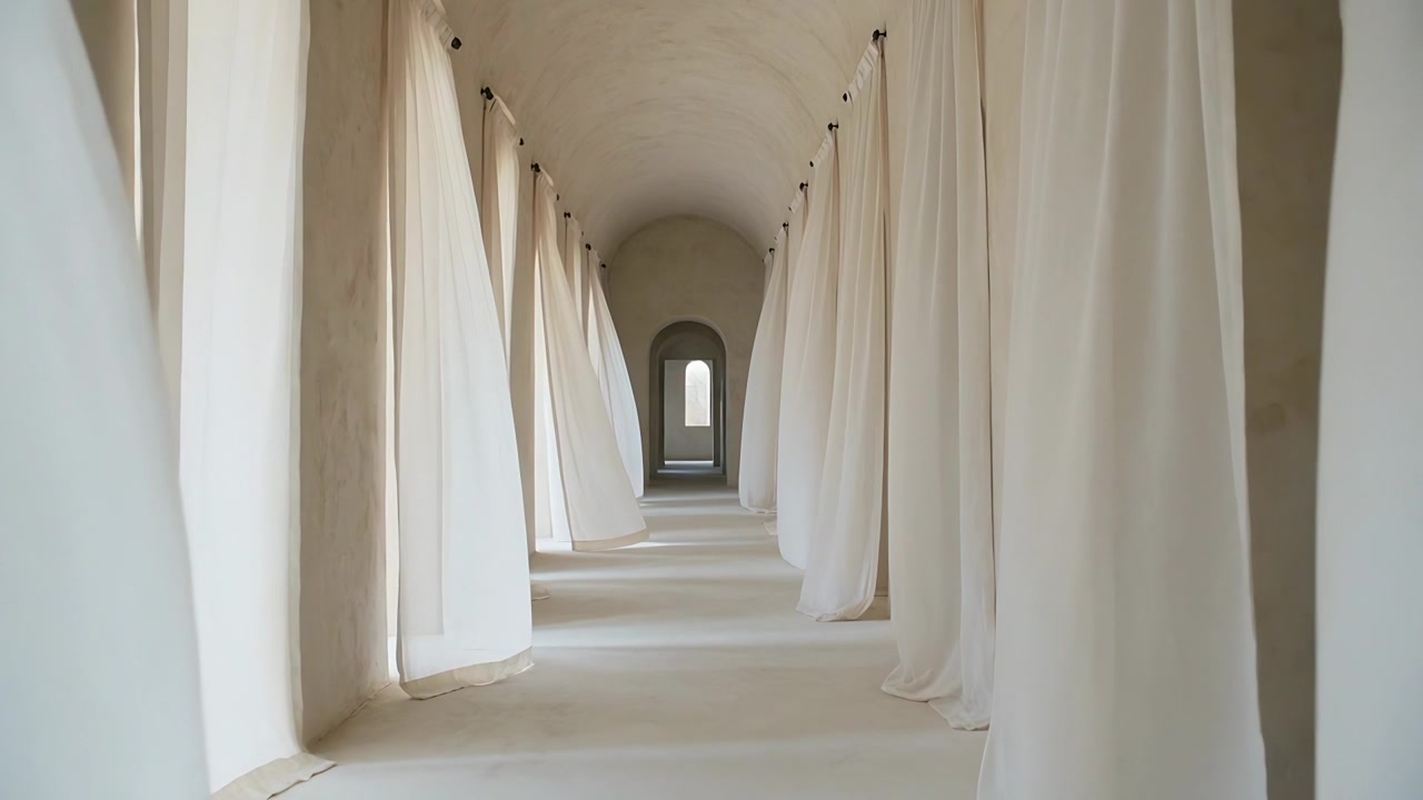 Blowing from left windows, sheer curtains swaying down vaulted hall, sunlight forming floor patches