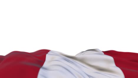 bandera de la tela de perú ondeando en el bucle del viento. bordado peruano estampado bandera de tela balanceándose en la brisa. fondo blanco medio lleno. lugar para el texto. bucle de 20 segundos.