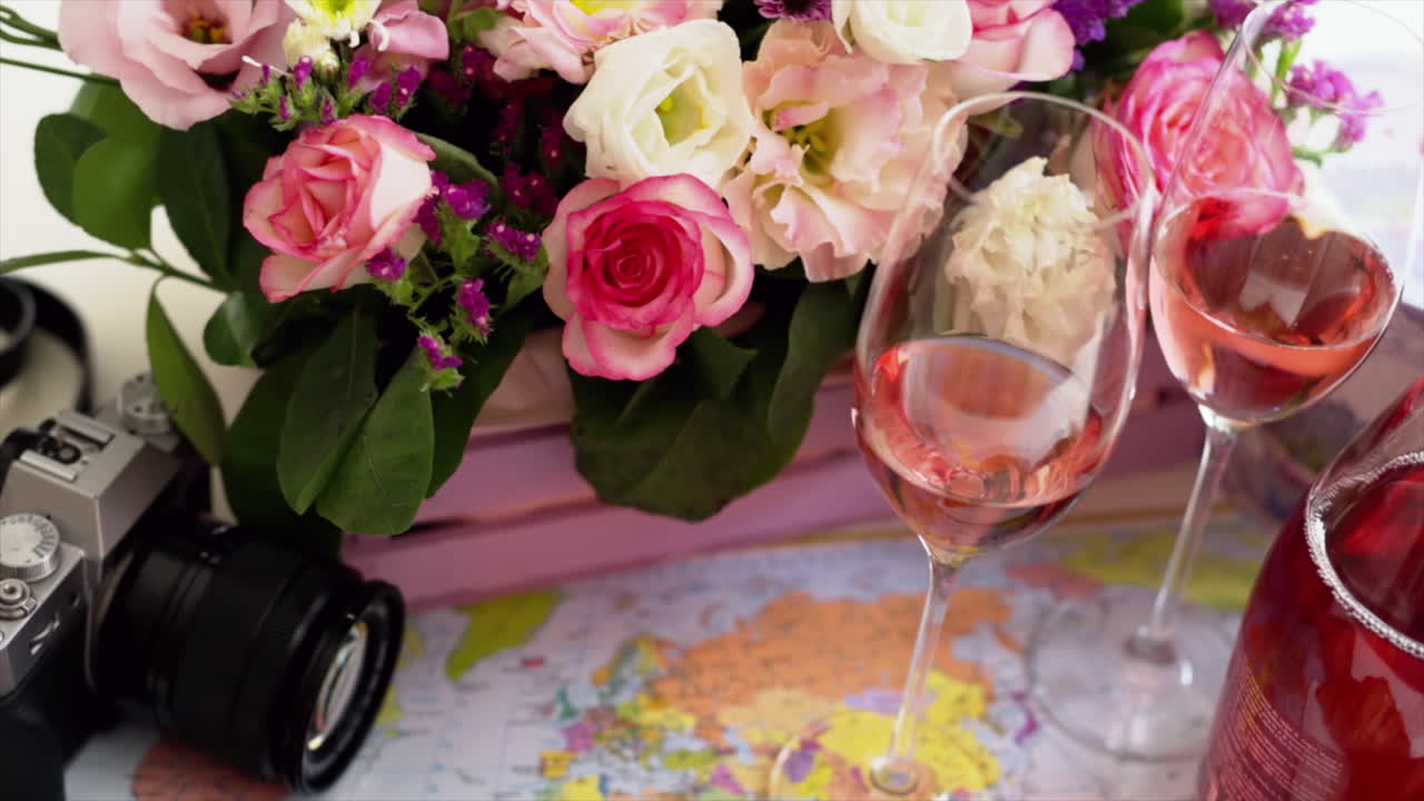 Close up of croissants and glasses of rose on a table with a pink basket of flowers