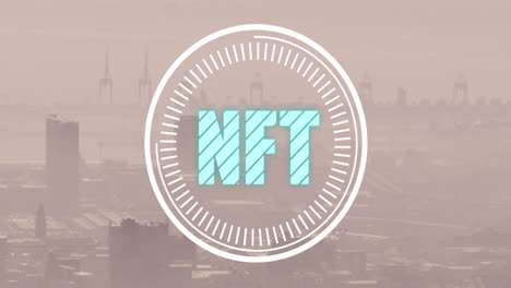 animación de texto nft y procesamiento de datos sobre el paisaje urbano
