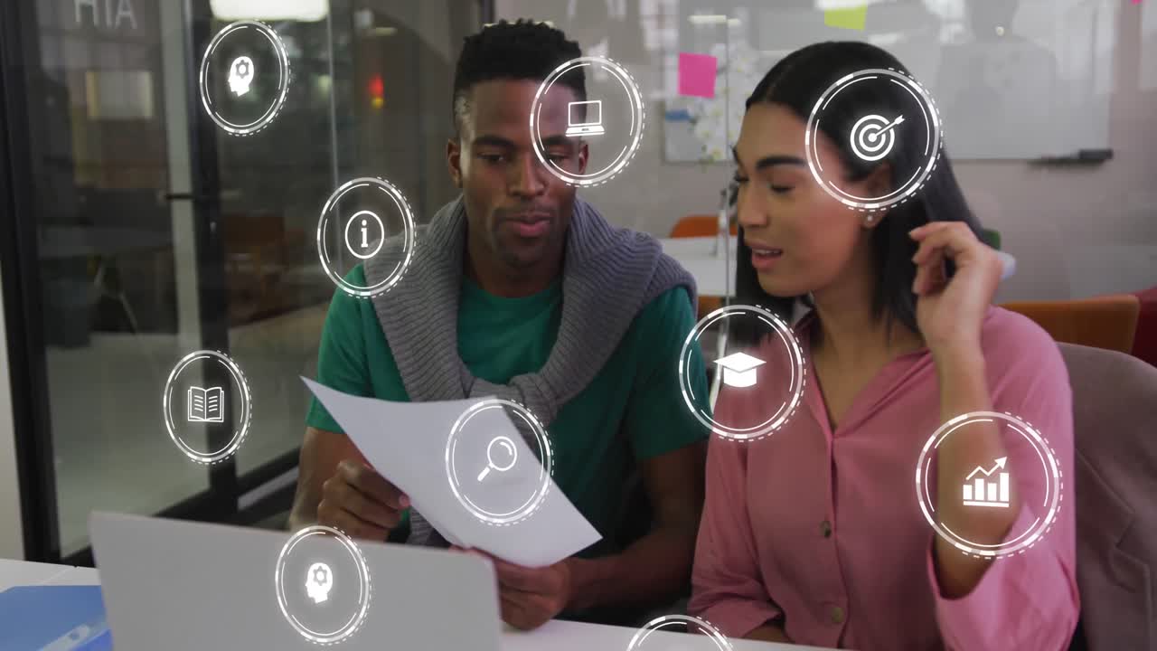 Animation of network of connections with icons over diverse business people in office