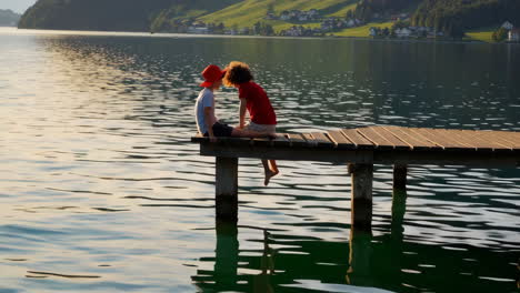 children enjoying a tranquil moment on a lakeside pier