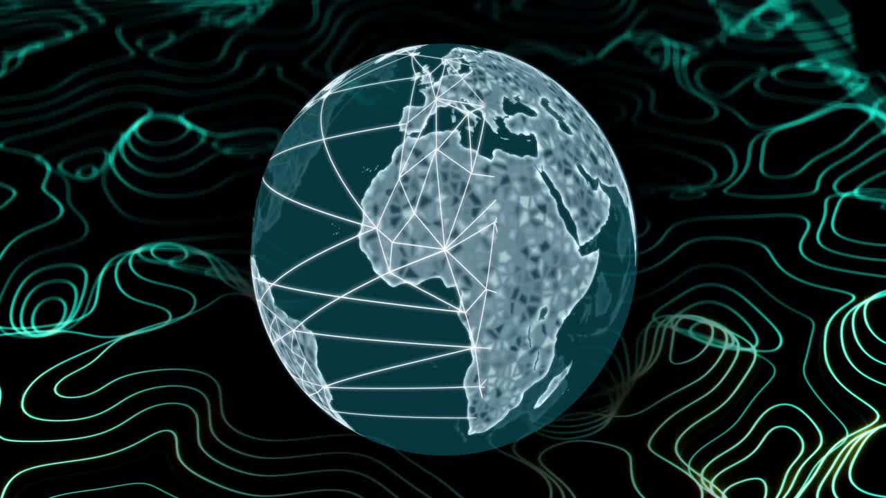 Animation of globe with network of connections with green lines on black background