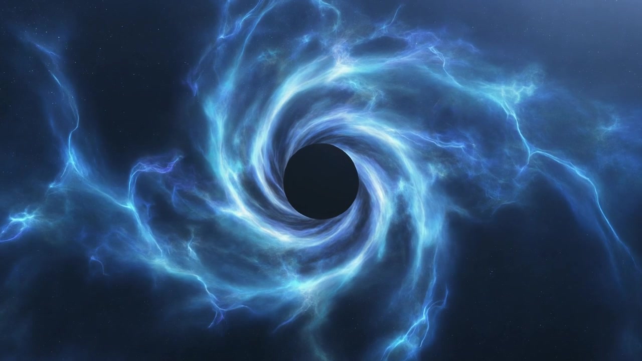 Nebulosa blu incandescente che vortica attorno a un buco nero scuro nello spazio profondo