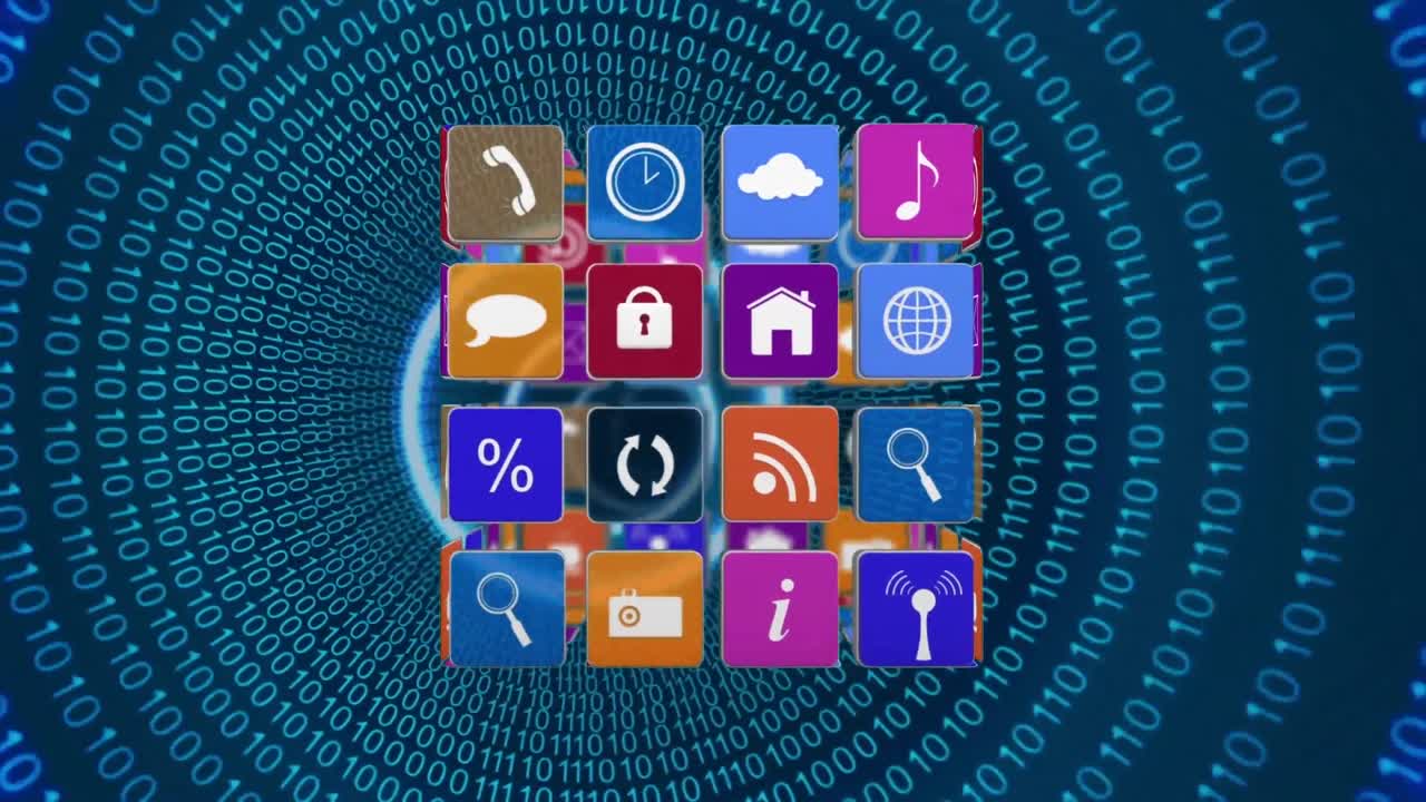 iconos de internet en un cubo con códigos binarios