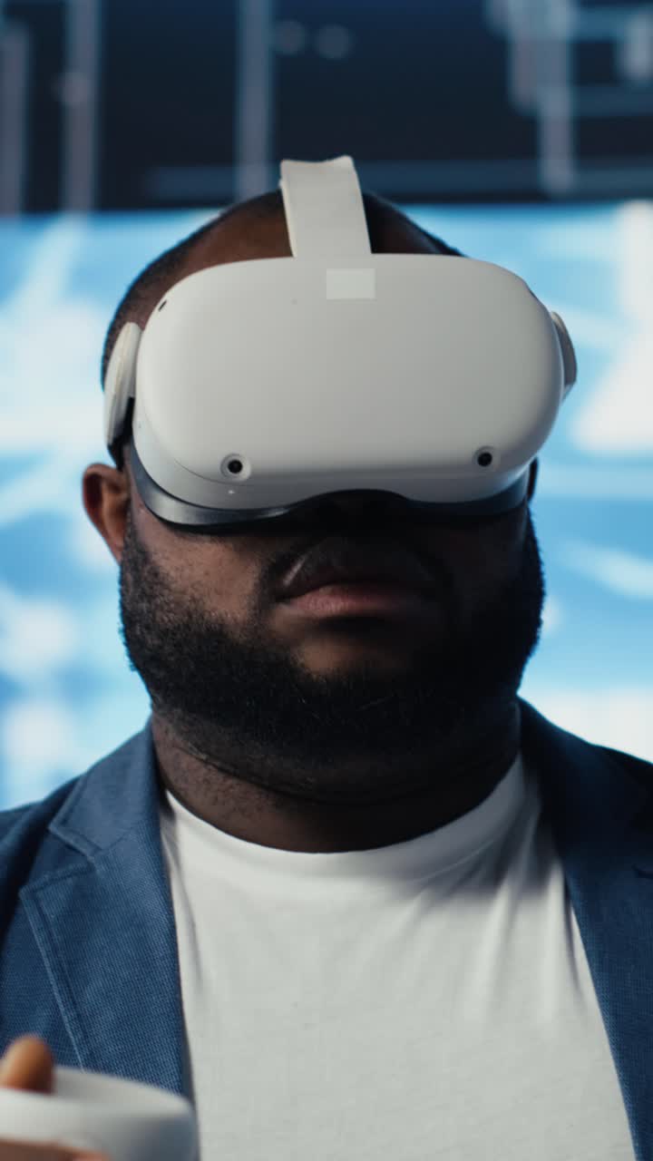 Close-up of Man Wearing VR Headset Immersed in Virtual Reality
