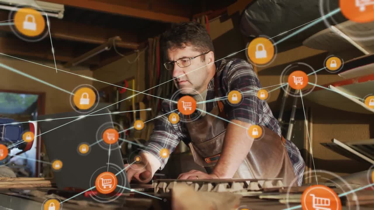 animación de la red de conexiones con iconos y hombre usando computadora portátil en el taller de tablas de surf