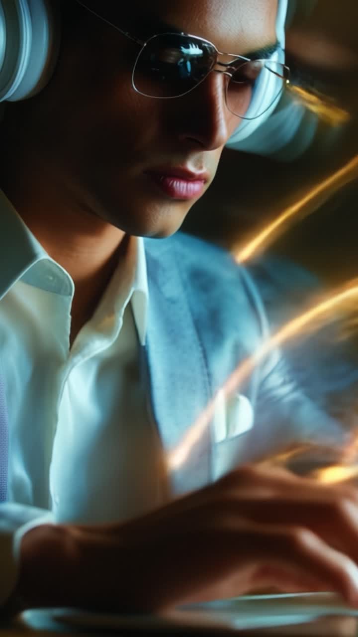 Un giovane uomo elegante che indossa cuffie e occhiali, concentrato sul suo lavoro in un ambiente moderno e sofisticato, sottolineando relax e concentrazione.
