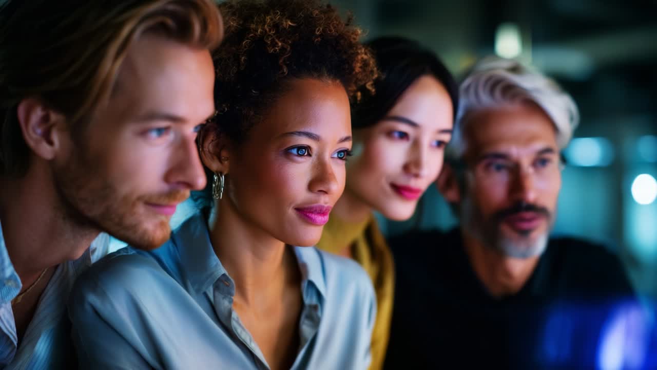 Un gruppo eterogeneo di quattro persone concentrate su uno schermo digitale, che dimostrano lavoro di squadra e collaborazione in un ambiente moderno e tecnologicamente avanzato, mettendo in evidenza le loro espressioni di coinvolgimento e curiosità