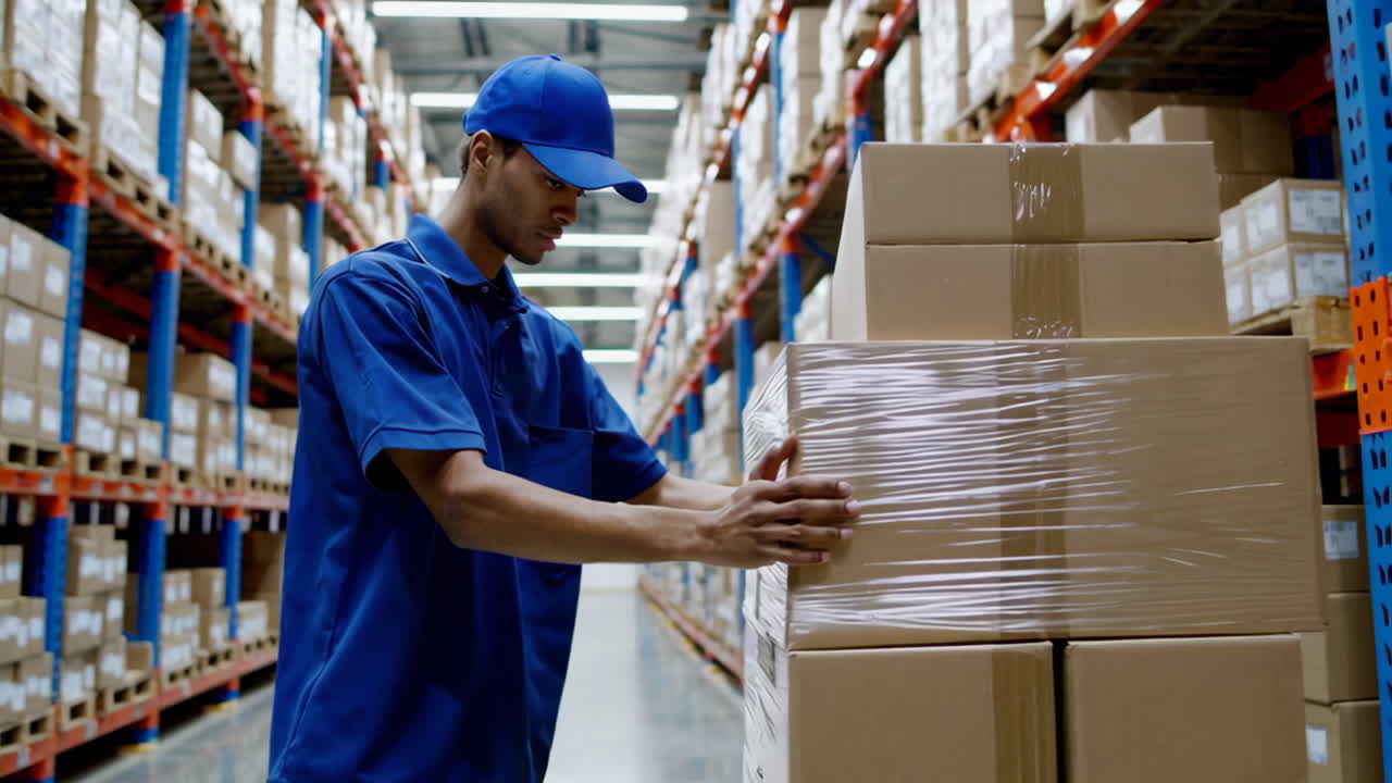 Warehouse Worker Inspecting and Packing Products