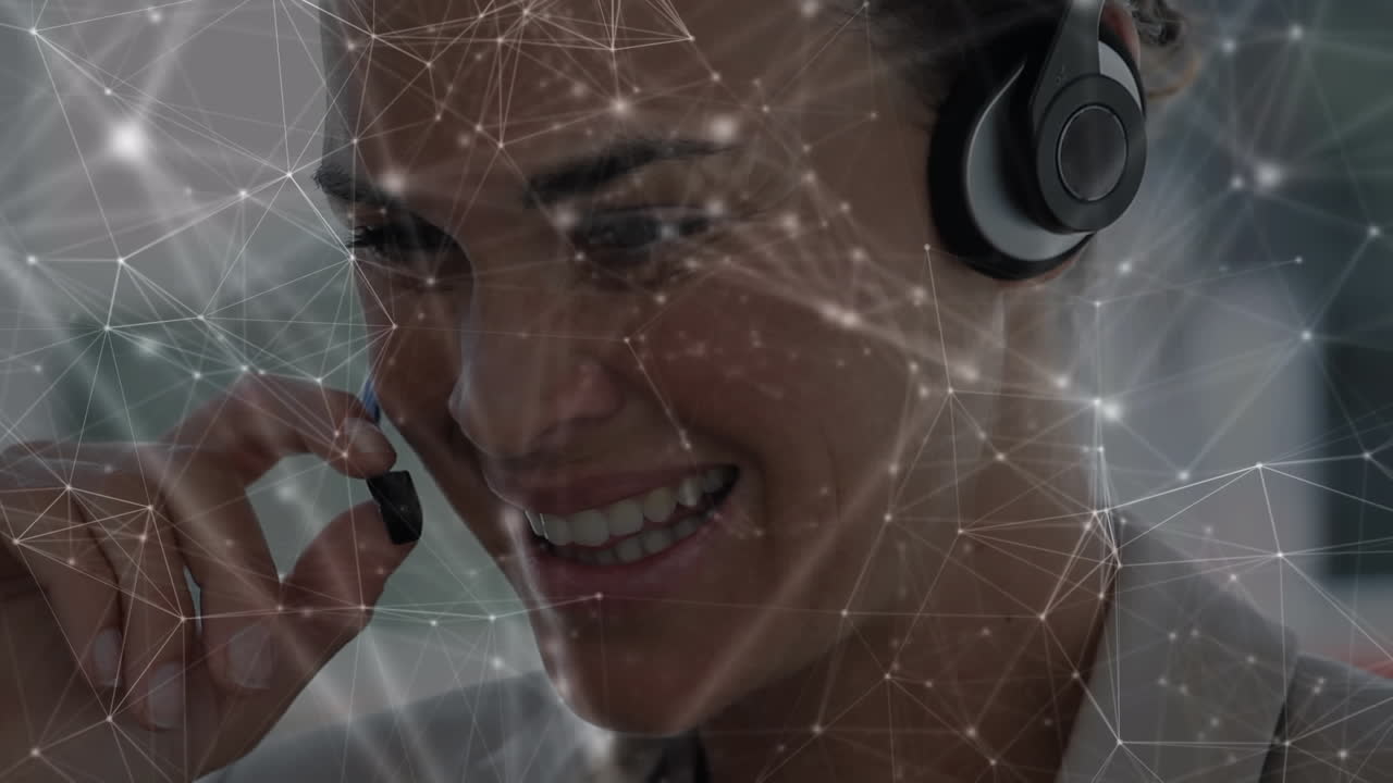 Animation of network of connections over businesswoman wearing phone headset