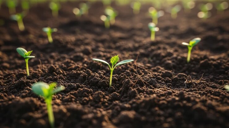 Close-up of small green seedlings growing in soil