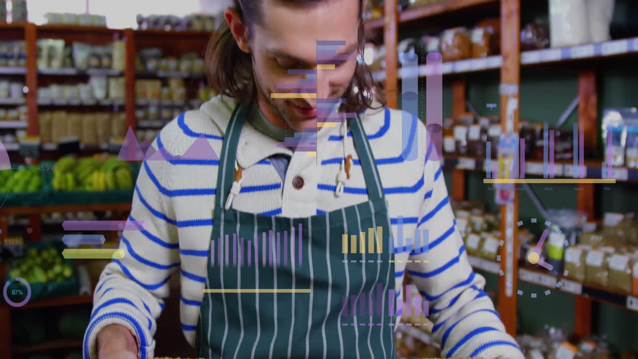 animación de procesamiento de datos sobre hombre caucásico compras de comestibles