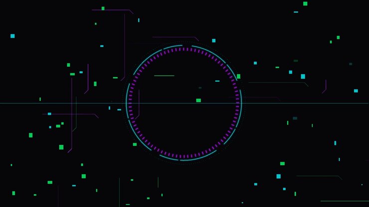 Interface HUD Digital com Elementos Circulares Rotativos e Partículas de Dados
